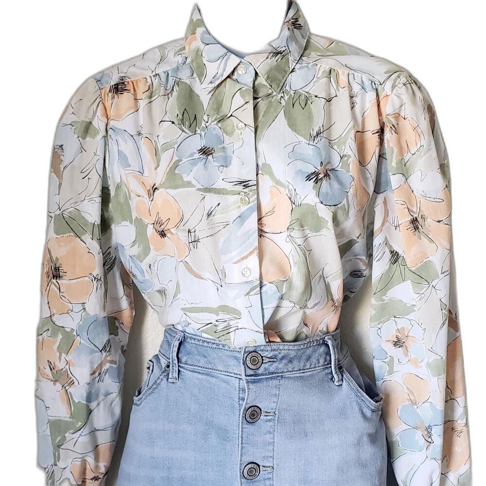 80s Floral Vintage Long Sleeve Button-Up Blouse